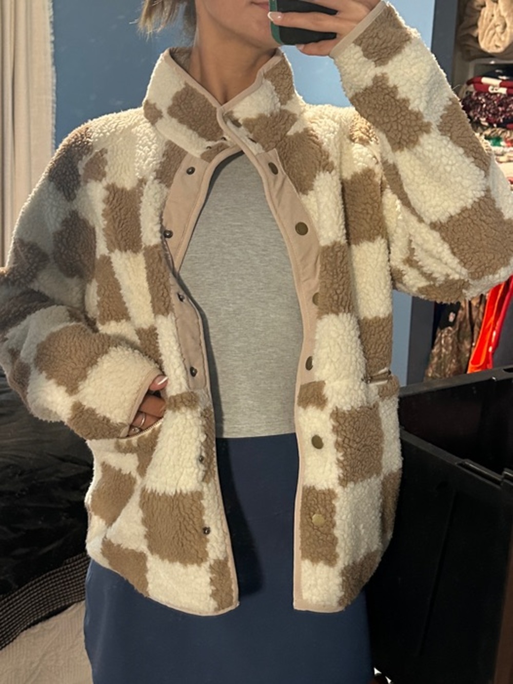 Checked Sherpa Jacket in Cream and Brown - Women's Cozy Coat